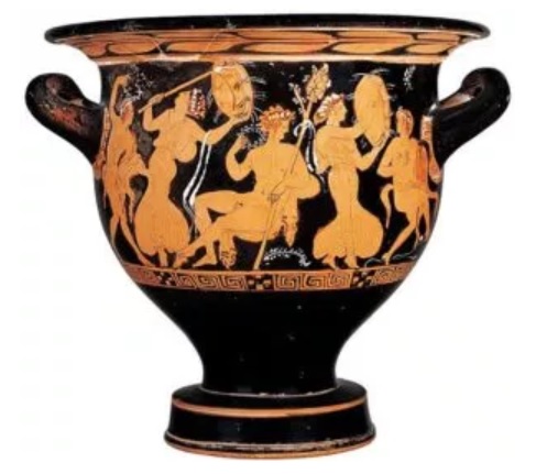 Dioniso, Ménades y Sátiros. Ánfora griega de figuras negras